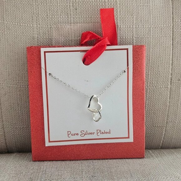 Women Necklace Double Heart Pendant Fashion Jewelry Pure Silver Plated Gift Bag - Picture 5 of 10